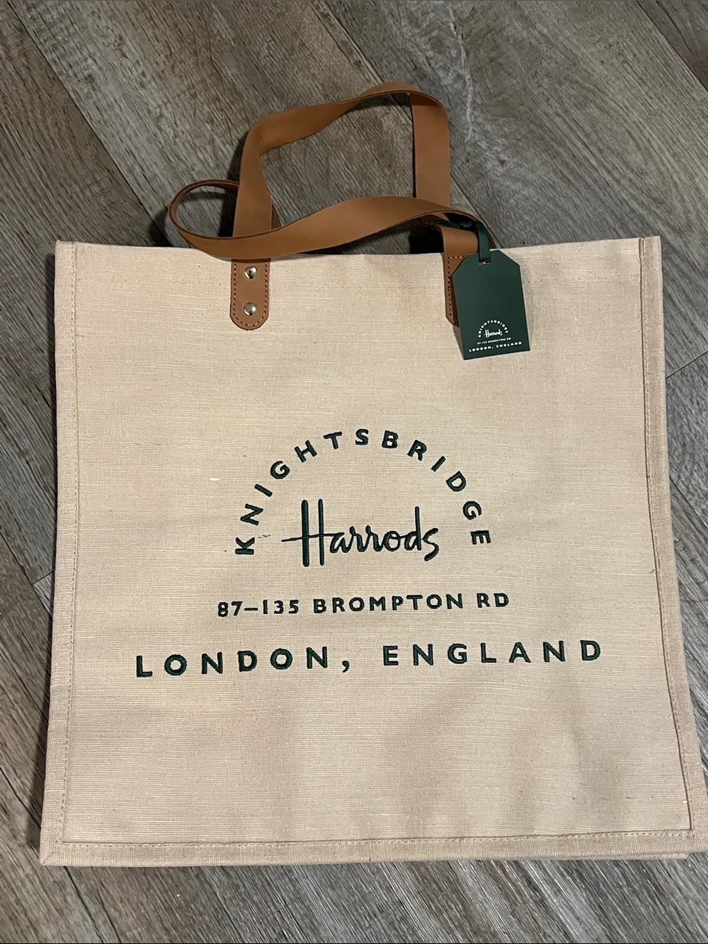 Harrods Beige Canvas Tote with Brown Handles and Green Logo Tag